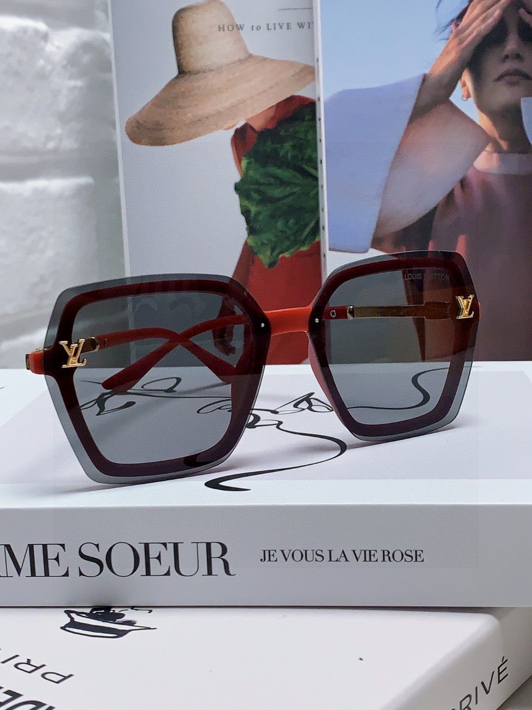 LV Two-Tone Red Black Square Sunglasses - Image 2