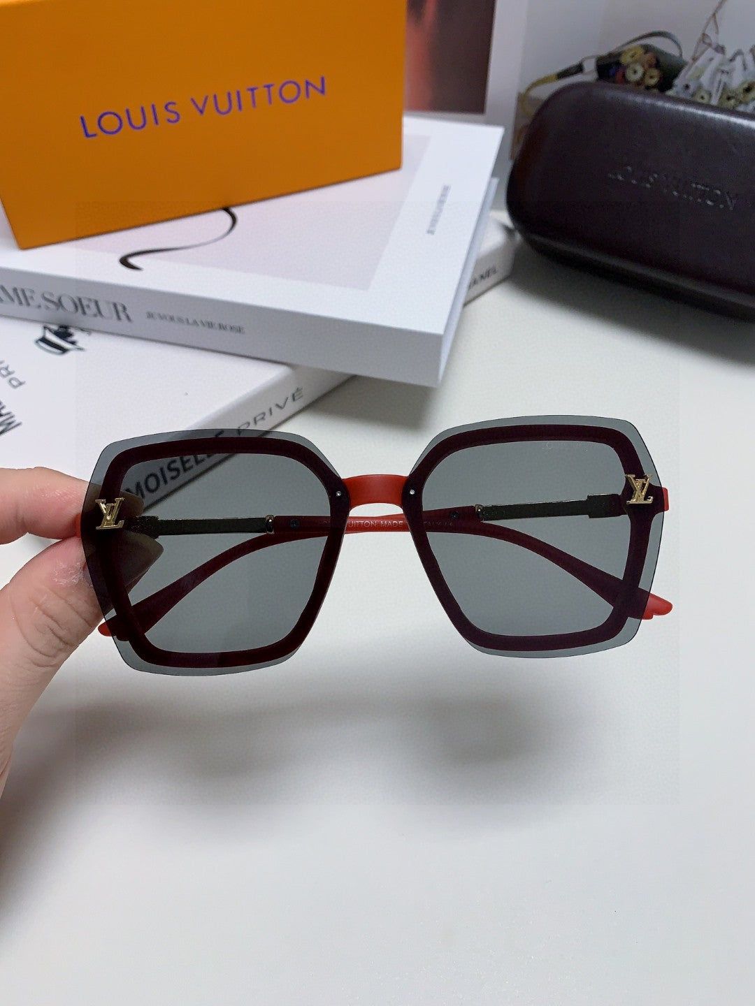 LV Two-Tone Red Black Square Sunglasses - Image 3