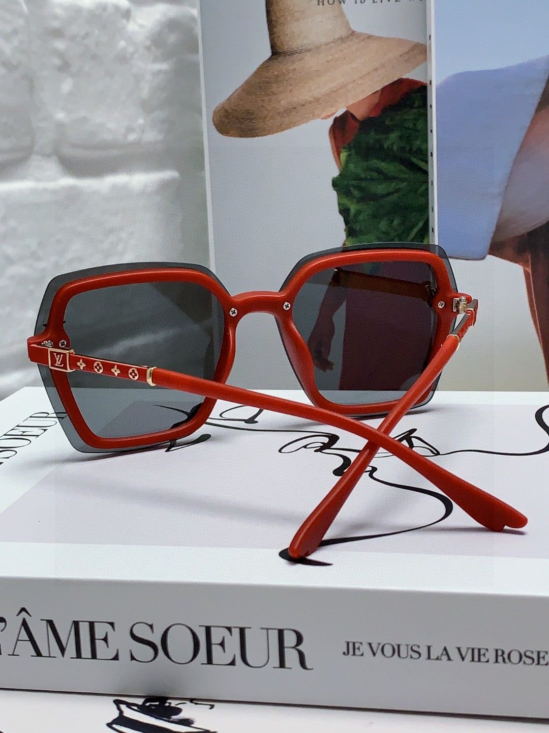 LV Two-Tone Red Black Square Sunglasses - Image 4