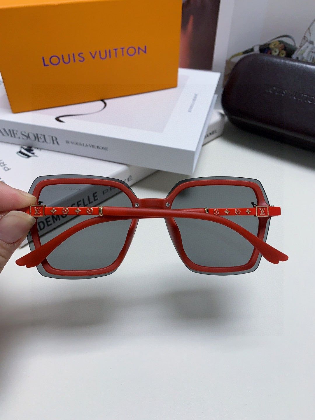 LV Two-Tone Red Black Square Sunglasses - Image 5