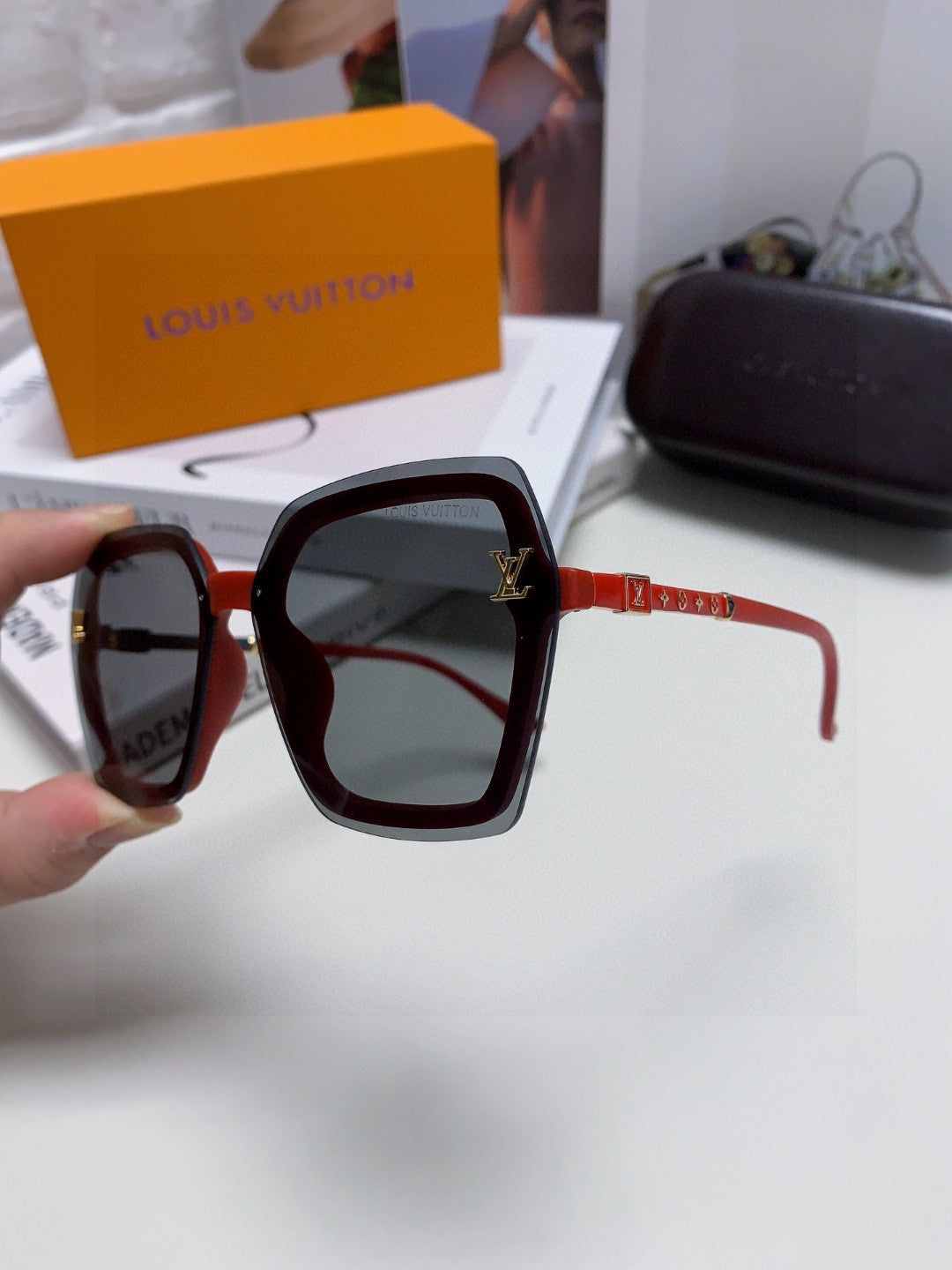LV Two-Tone Red Black Square Sunglasses - Image 6