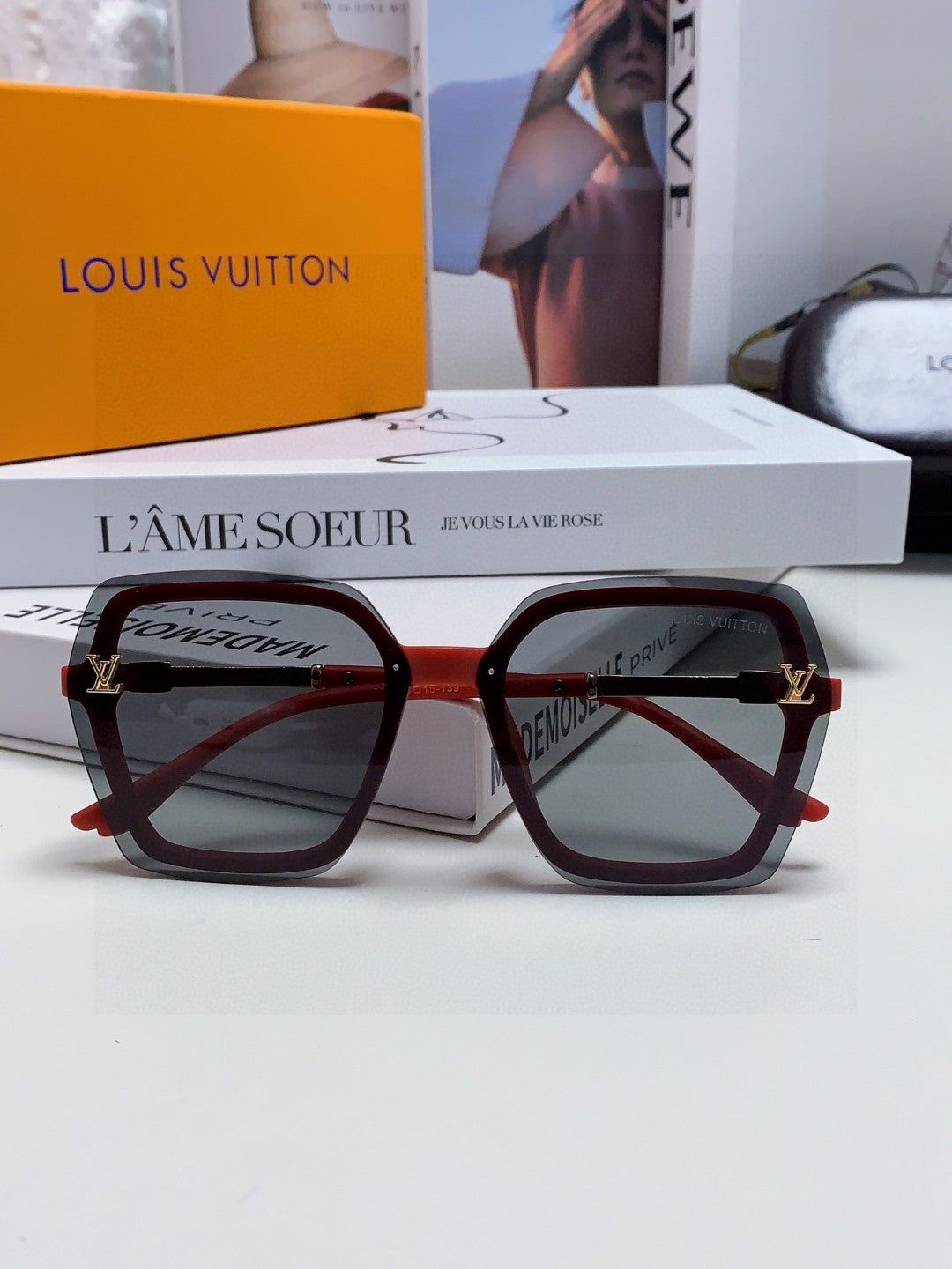 LV Two-Tone Red Black Square Sunglasses - Image 7