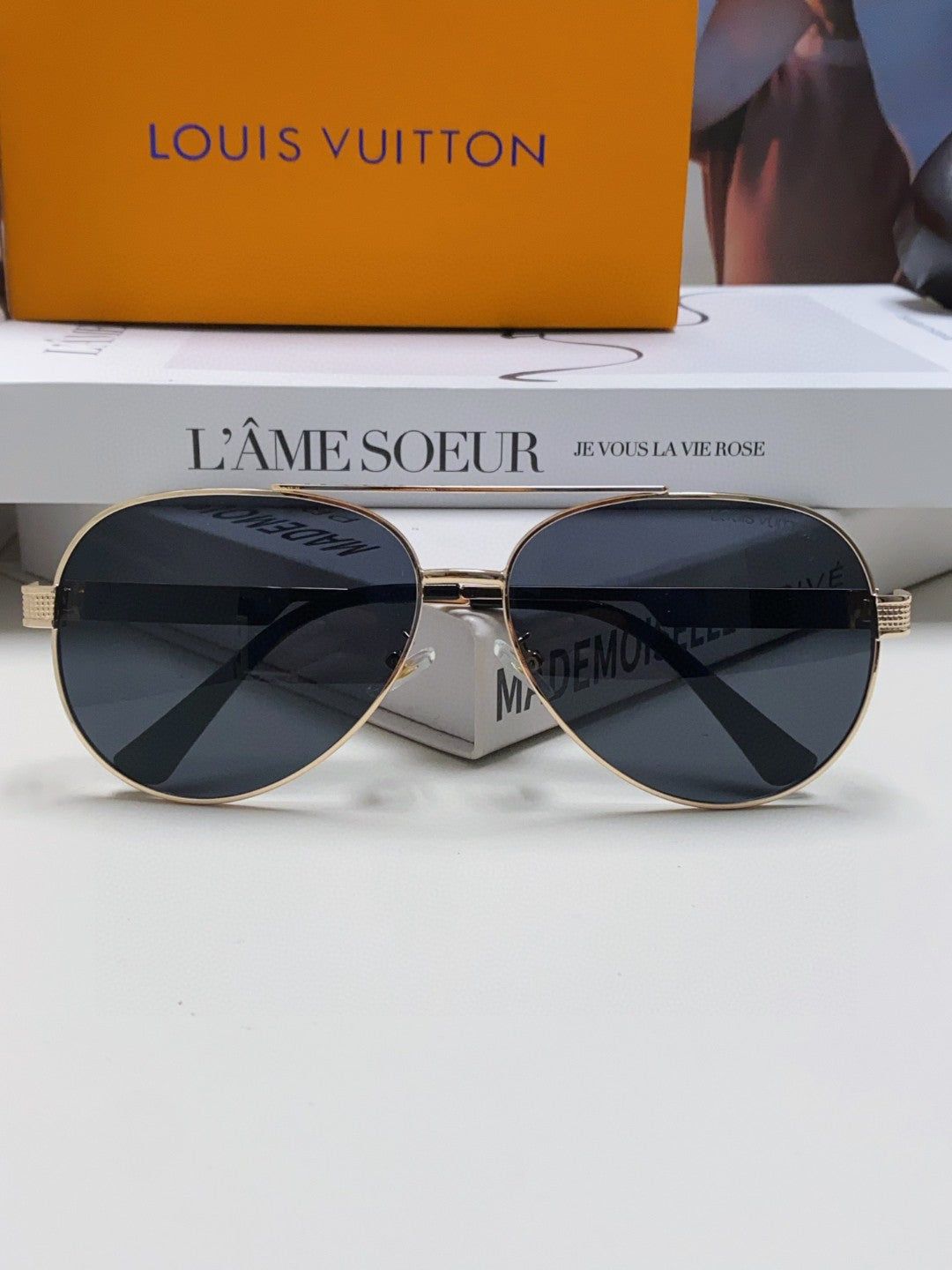 LV Gold Alloy Double Bridge Pilot Sunglasses - Image 7