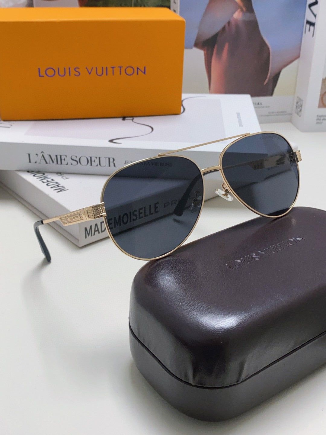 LV Gold Alloy Double Bridge Pilot Sunglasses - Image 8