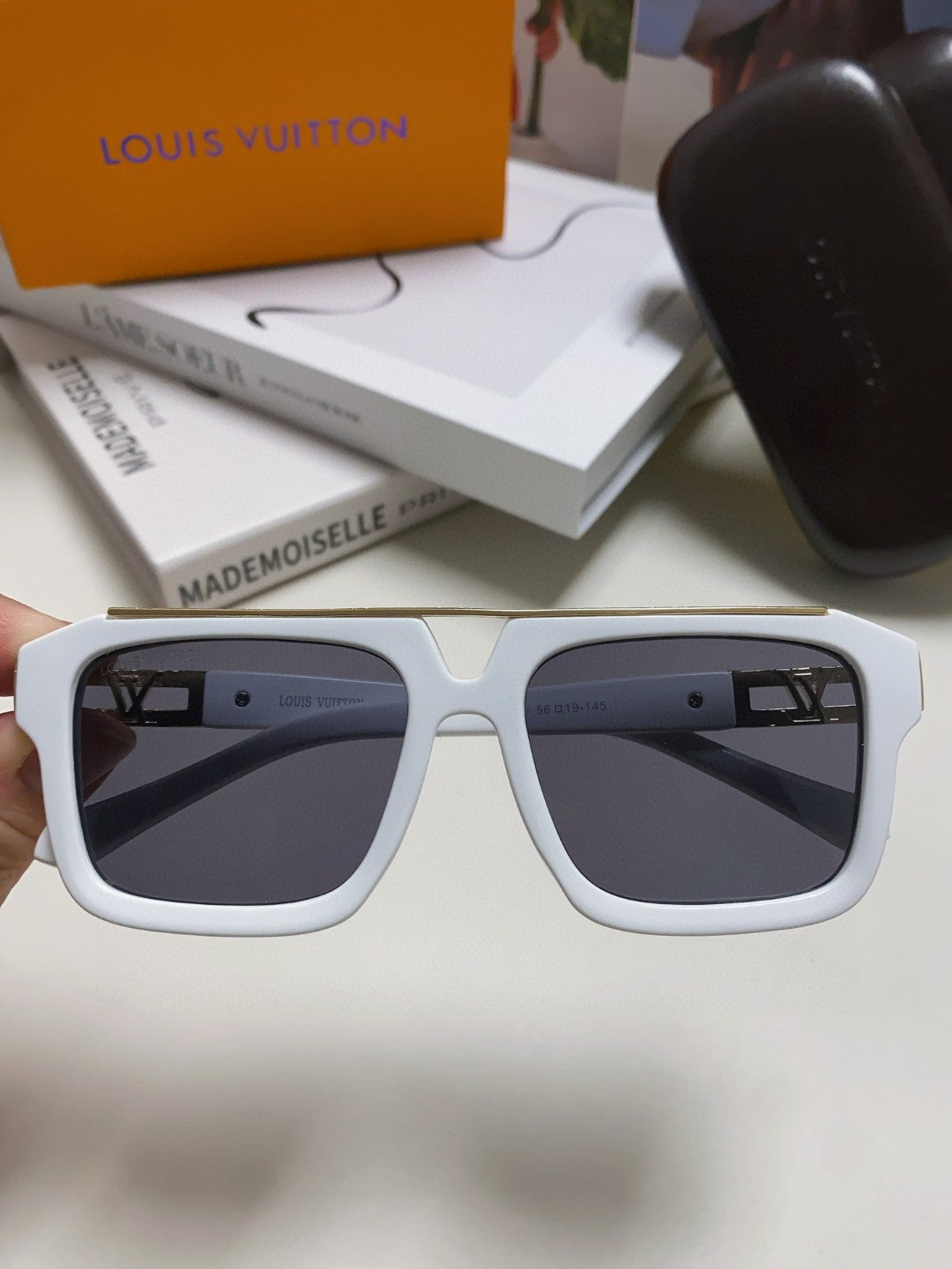 LV White Acetate Gold Hinge Sunglasses - Image 5