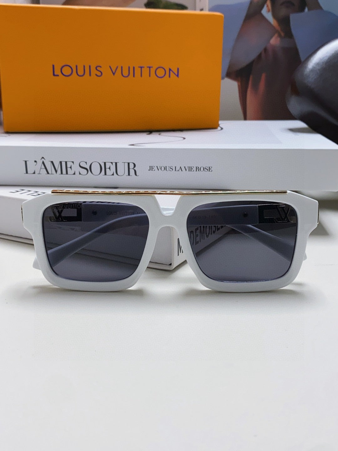 LV White Acetate Gold Hinge Sunglasses - Image 7