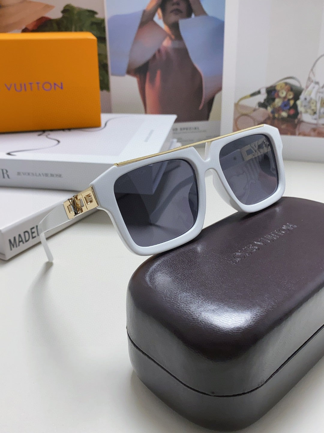 LV White Acetate Gold Hinge Sunglasses - Image 8