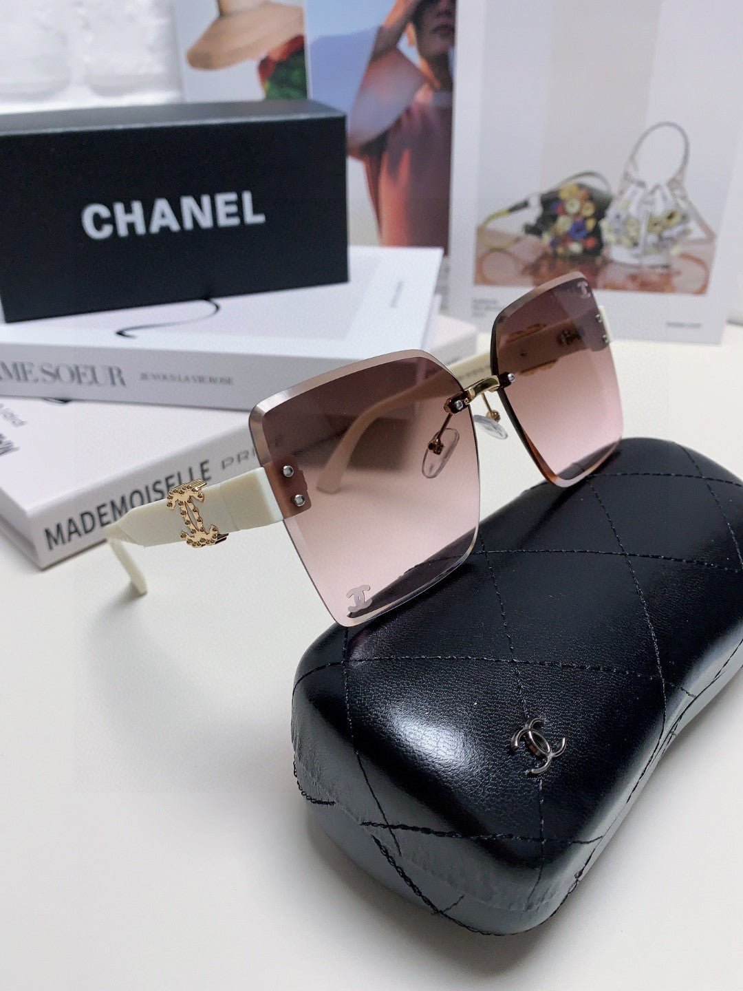 Alternative view of CHANEL SQUARE SUNGLASSES 632891 IN WHITE ACETATE BROWN LENSES