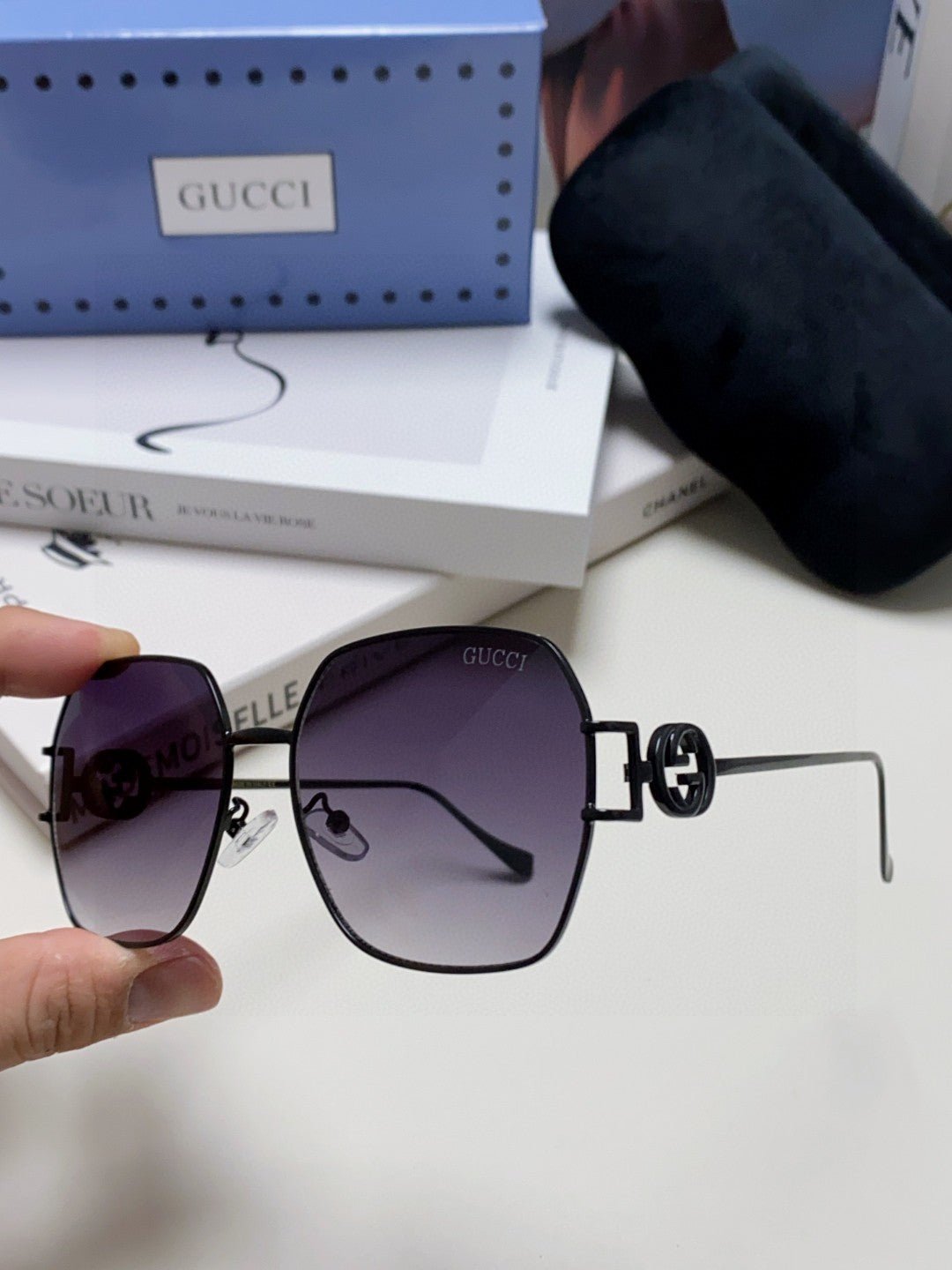 GUCCI Gold Chain Metal Square Shades - Image 5