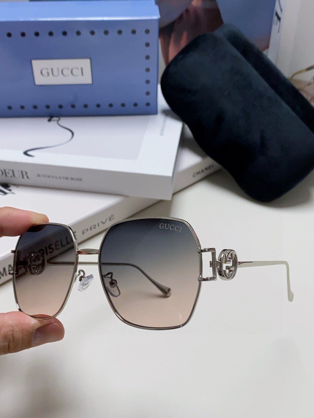 GUCCI Gold Chain Metal Square Shades - Image 10