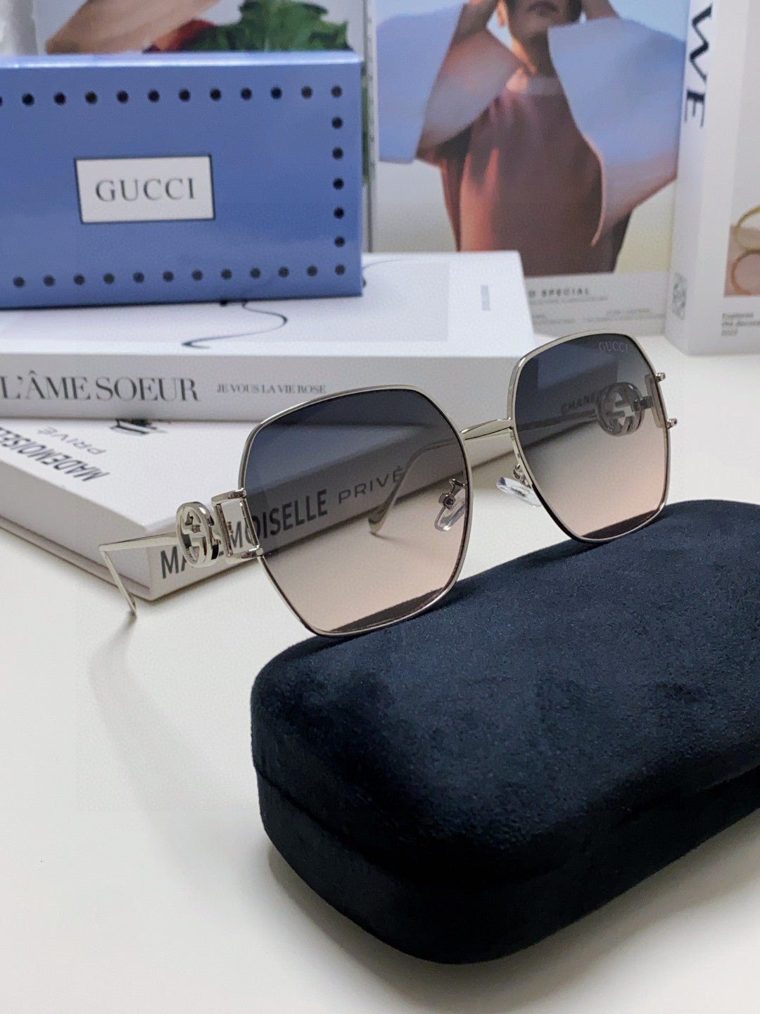 GUCCI Gold Chain Metal Square Shades - Image 15
