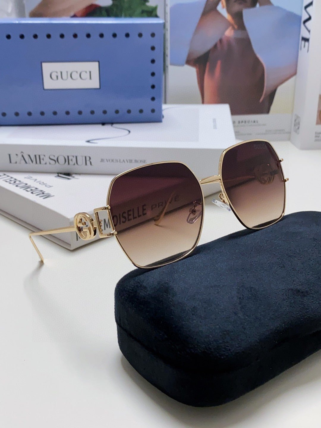 GUCCI Gold Chain Metal Square Shades - Image 9