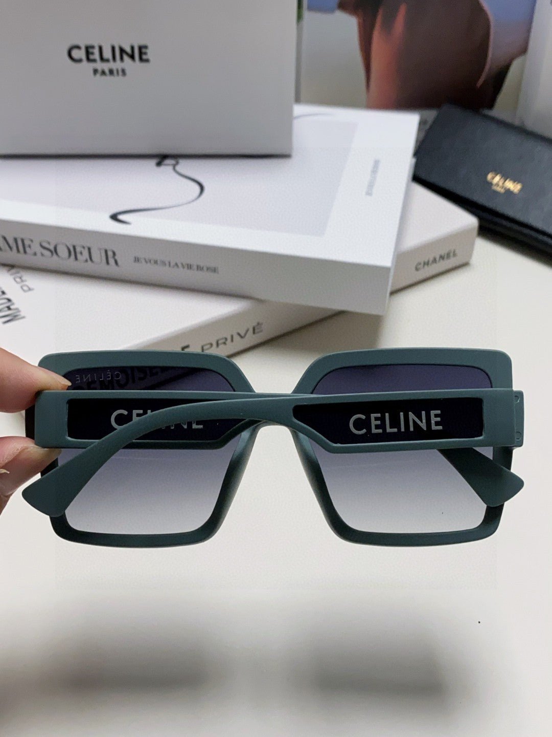 CELINE Sage Green Logo Square Shades - Image 3