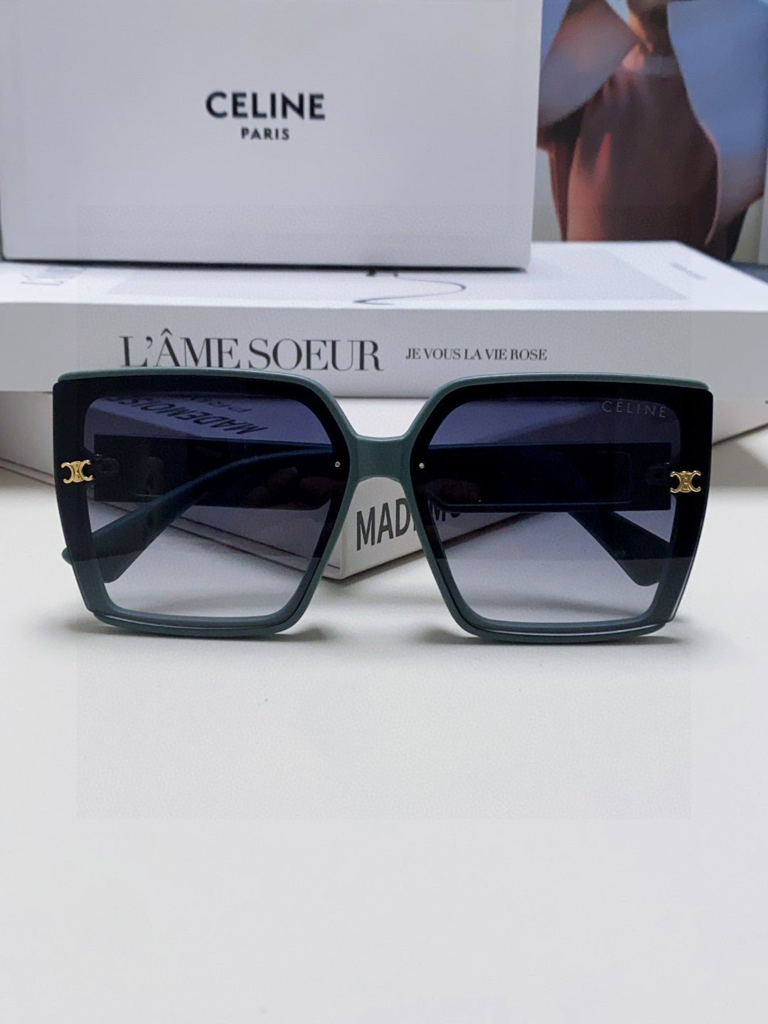 CELINE Sage Green Logo Square Shades - Image 6