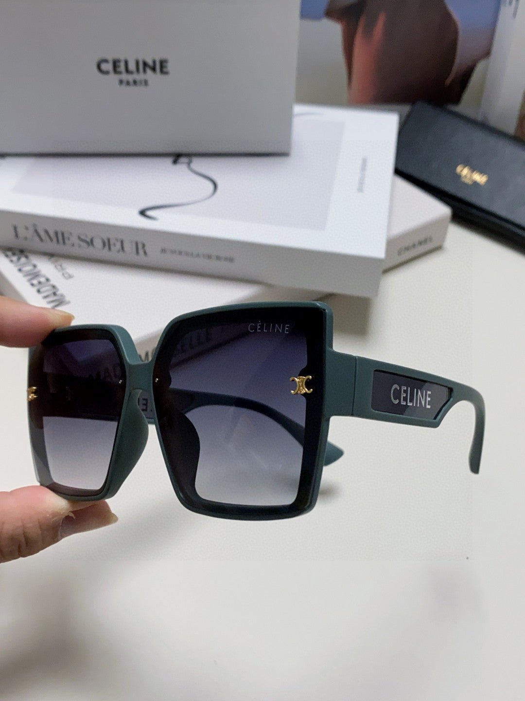 CELINE Sage Green Logo Square Shades - Image 7