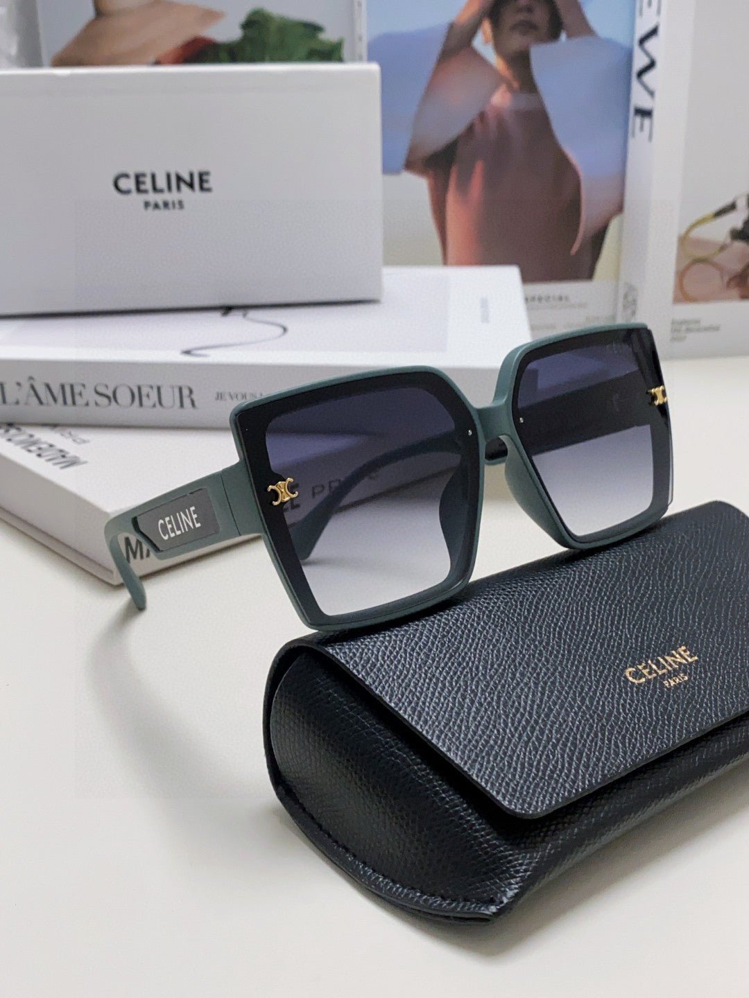 CELINE Sage Green Logo Square Shades - Image 8