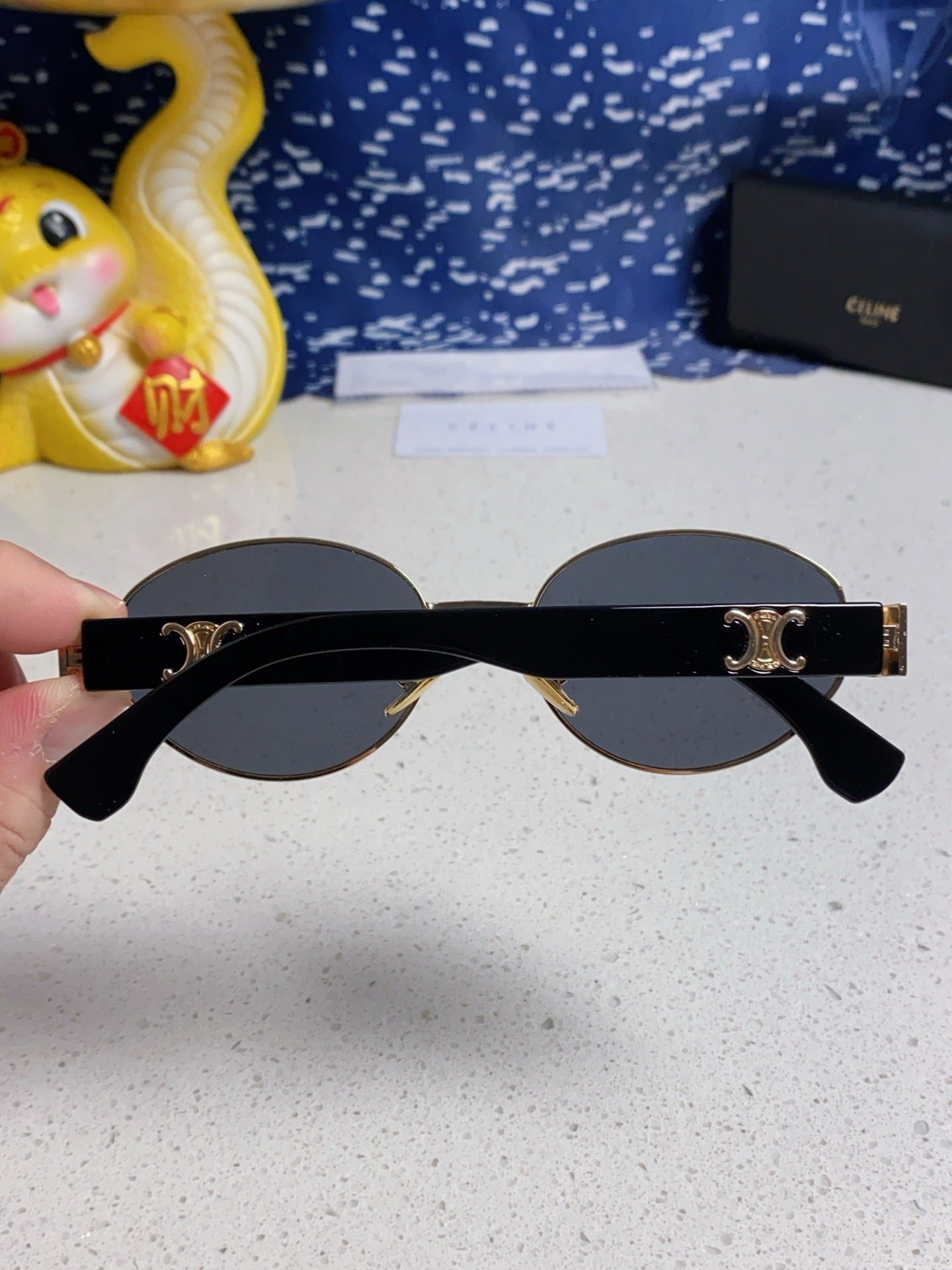 CELINE Gold Frame Black Round Shades - Image 4