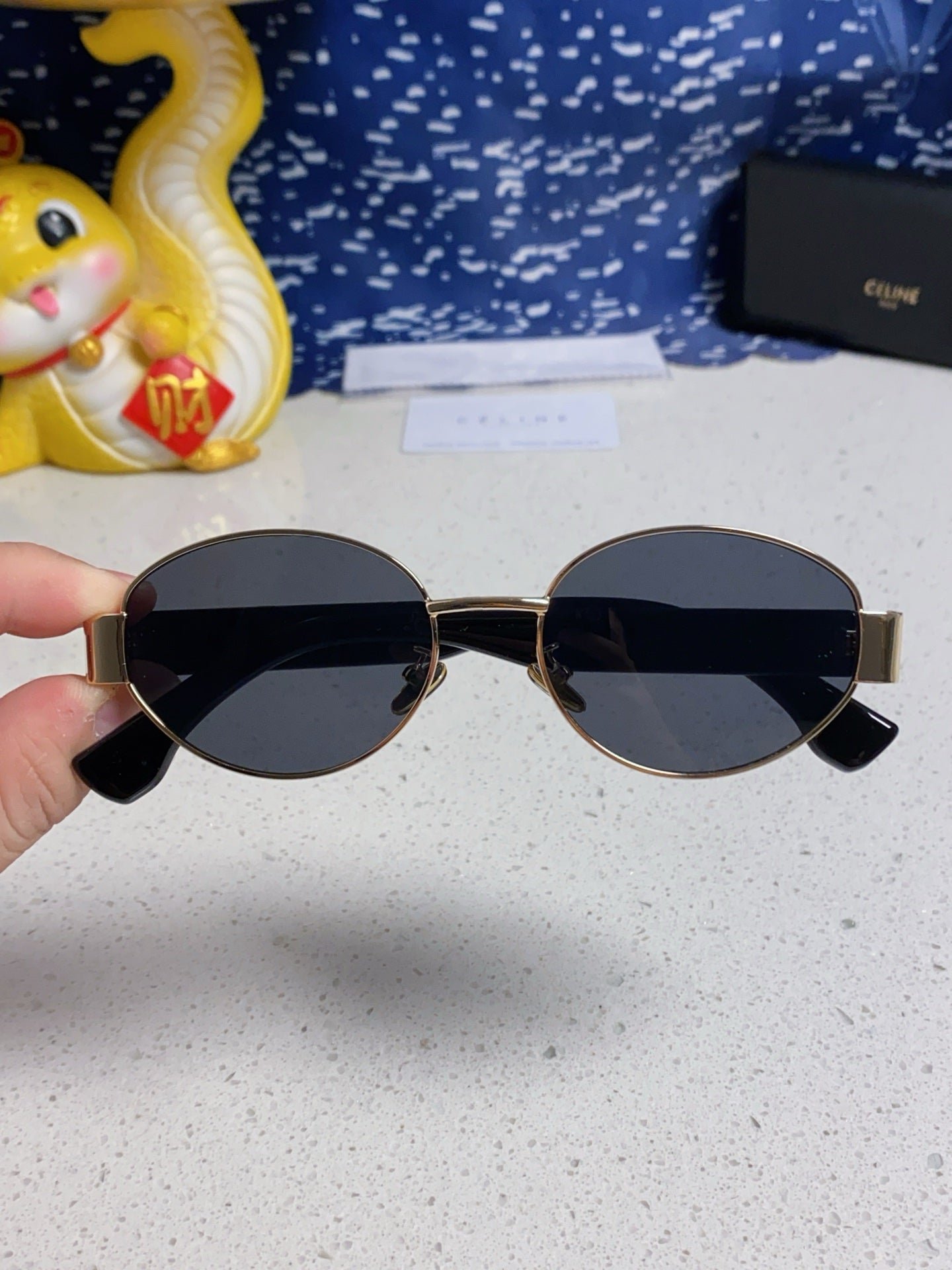 CELINE Gold Frame Black Round Shades - Image 7