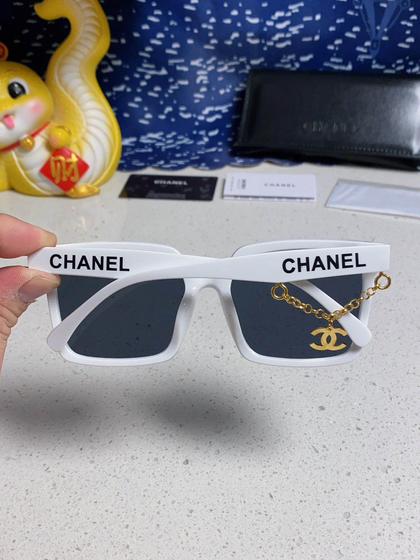Alternative view of CHANEL SQUARE SUNGLASSES 641811 IN WHITE ACETATE GOLD CHAIN