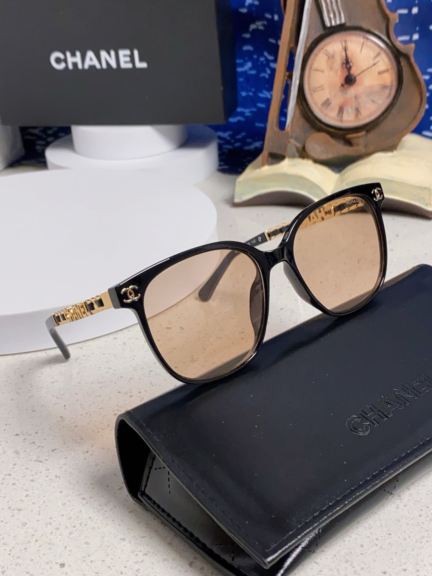 Alternative view of CHANEL SQUARE SUNGLASSES 632028 IN BLACK ACETATE LIGHT BROWN LENSES