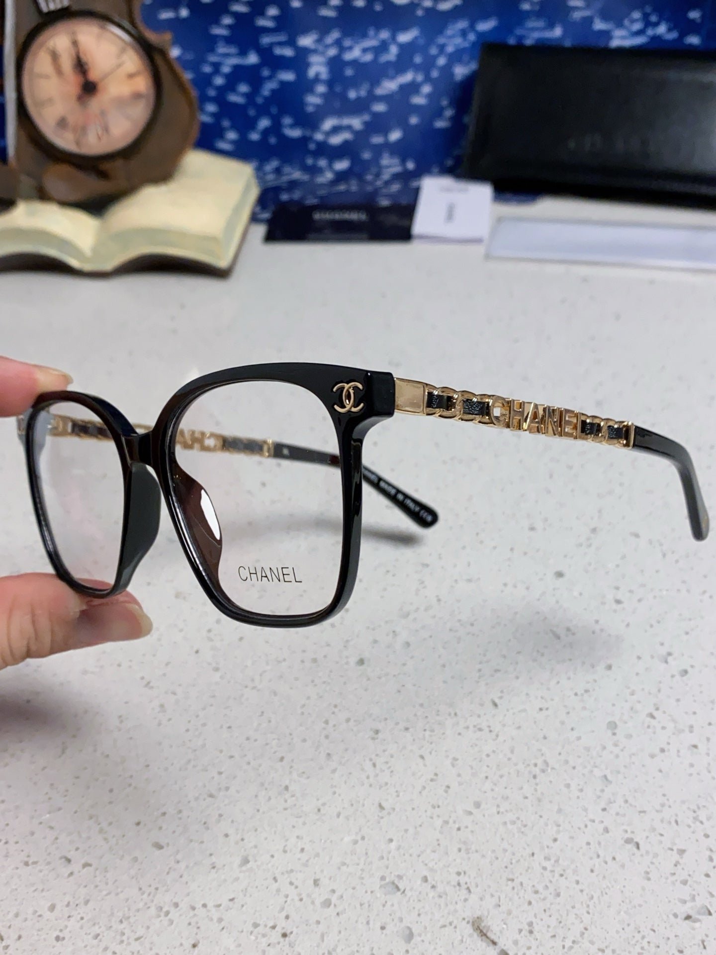 Alternative view of CHANEL SQUARE SUNGLASSES 632030 IN BLACK ACETATE CLEAR LENSES