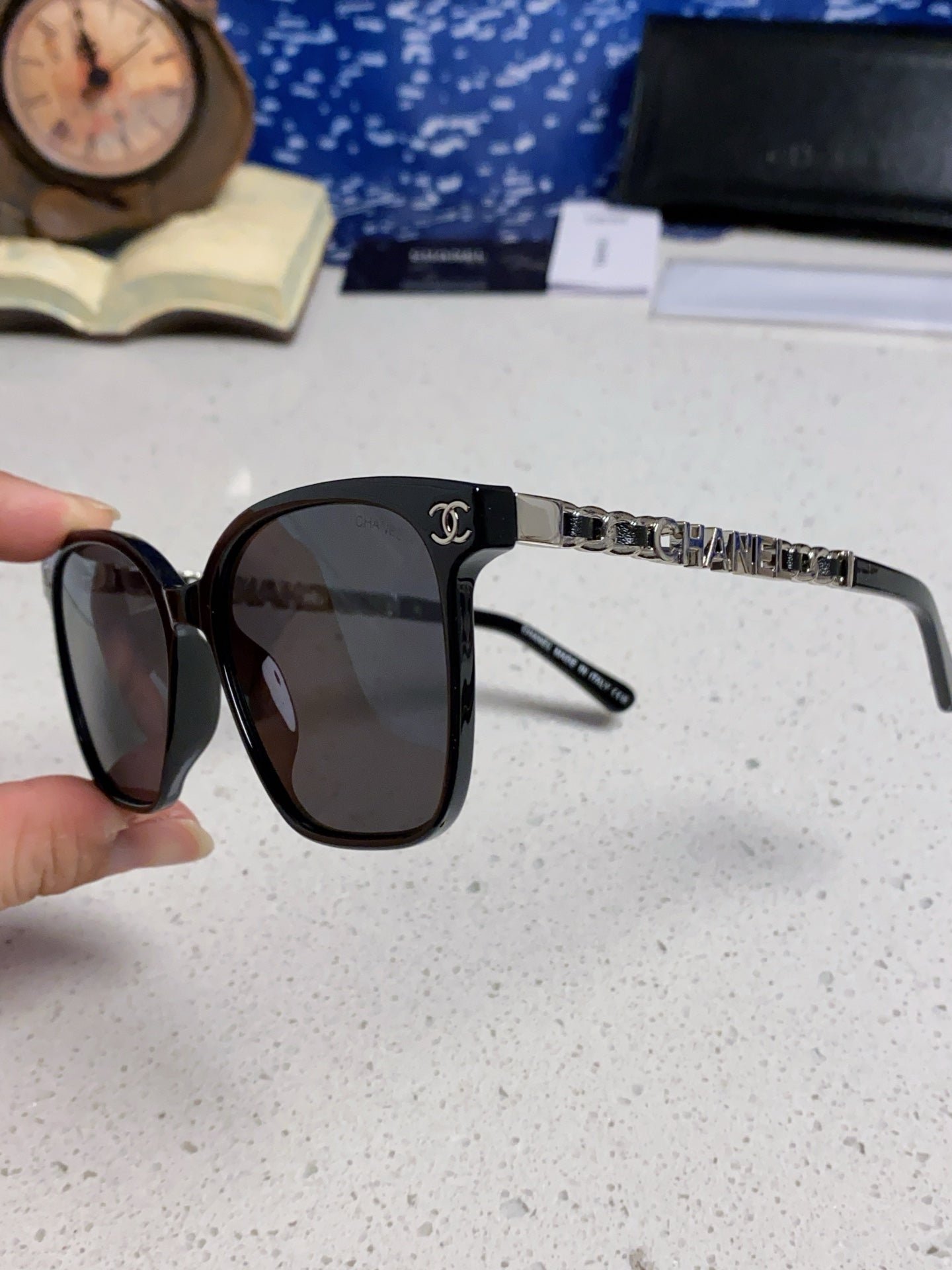 Chanel Silver Chain Black Square Sunglasses - Image 3