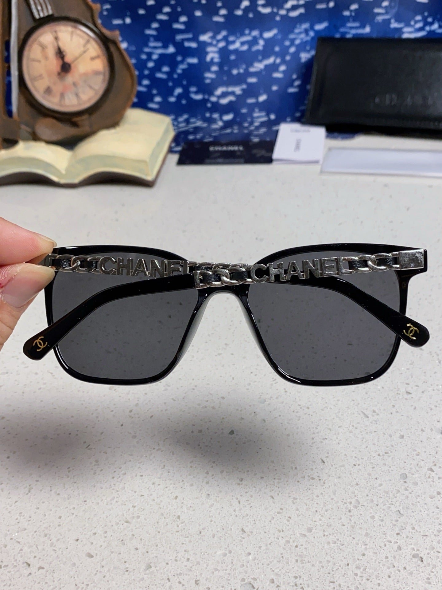 Chanel Silver Chain Black Square Sunglasses - Image 4