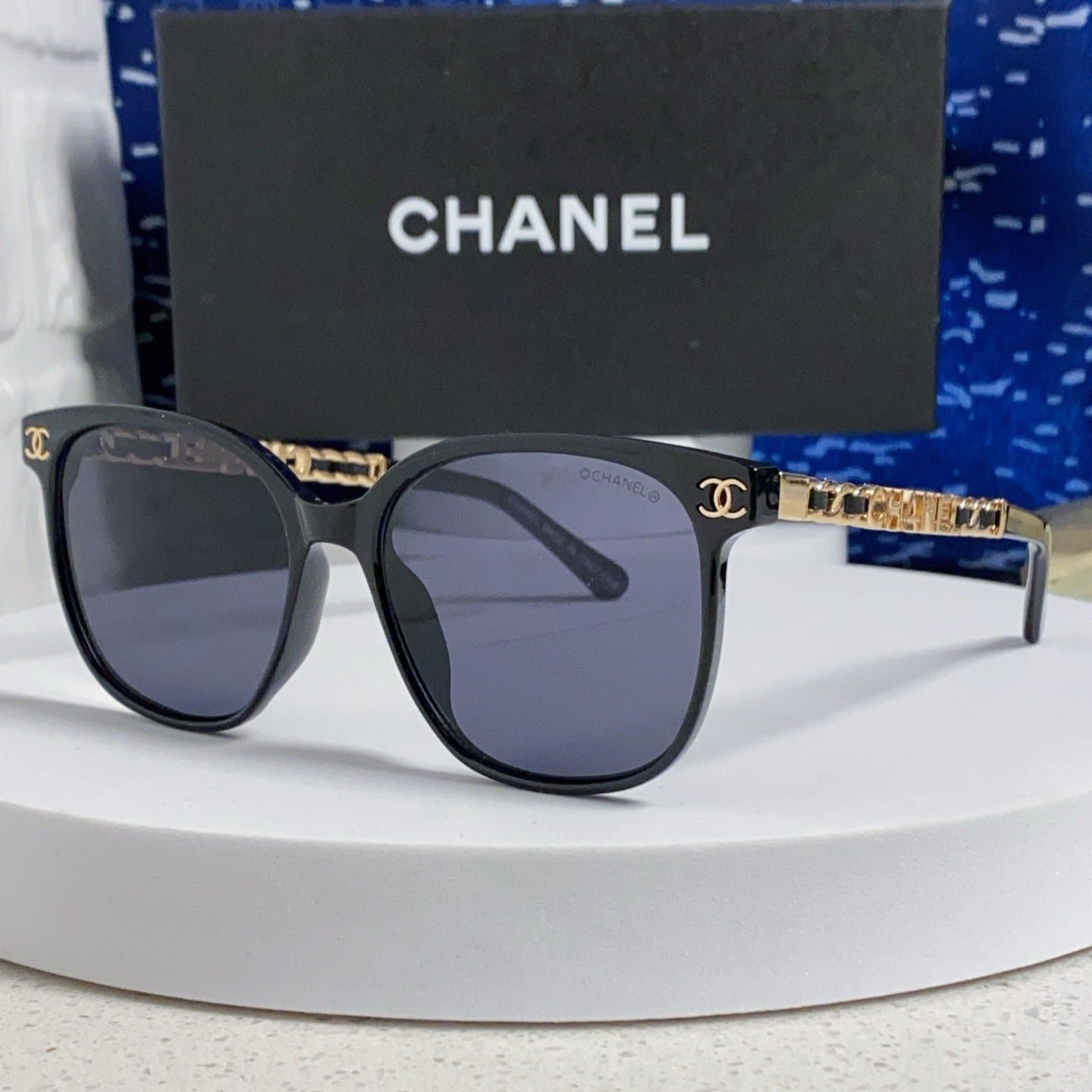 CHANEL SQUARE SUNGLASSES 632033 IN BLACK ACETATE BLACK LENSES