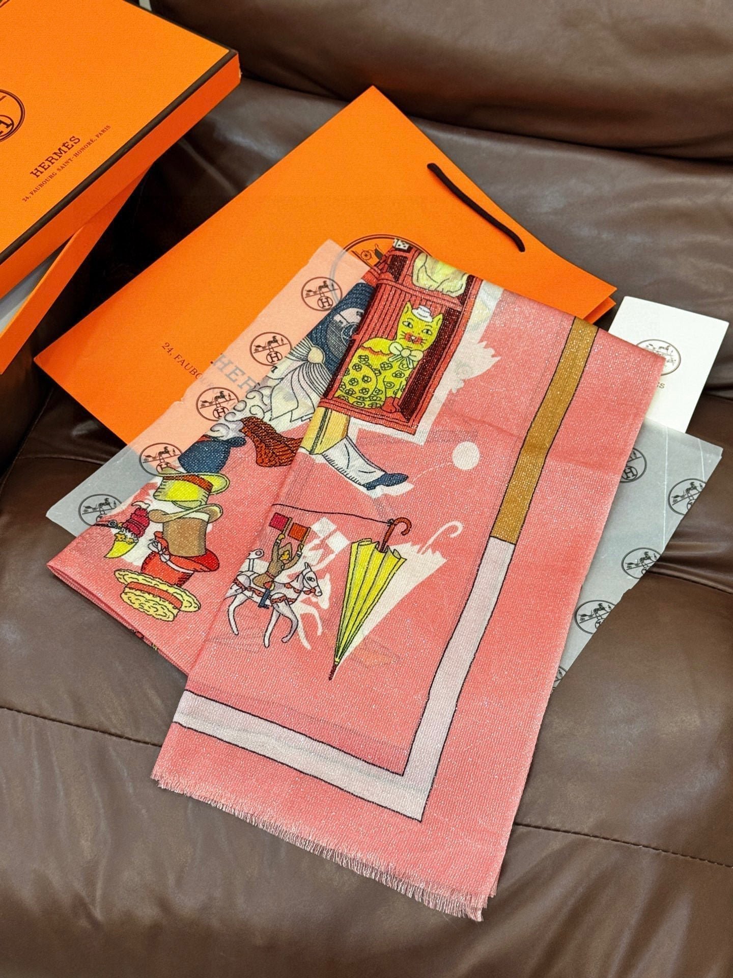 Hermès Pink Carriage Print Shawl - Image 8