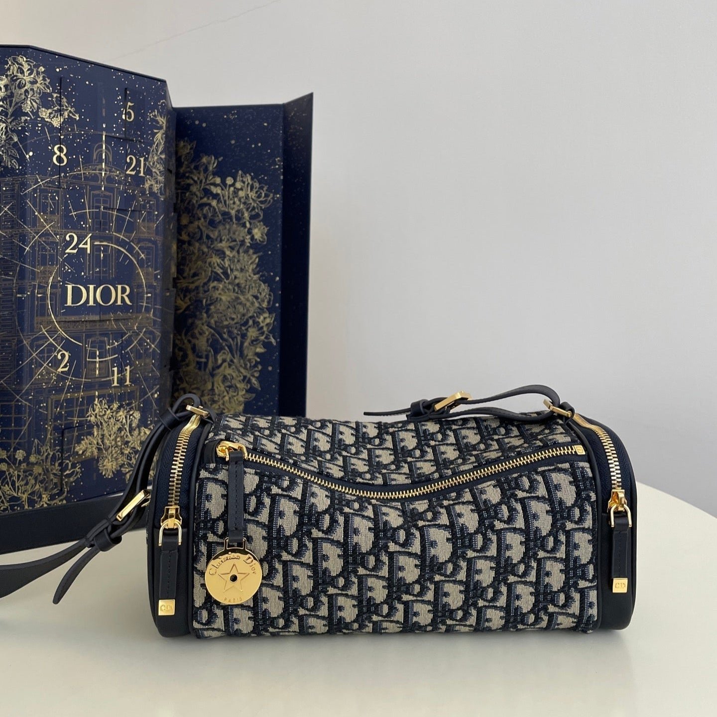 Dior East-West Cylindrical Bag Blue Jacquard Canvas
