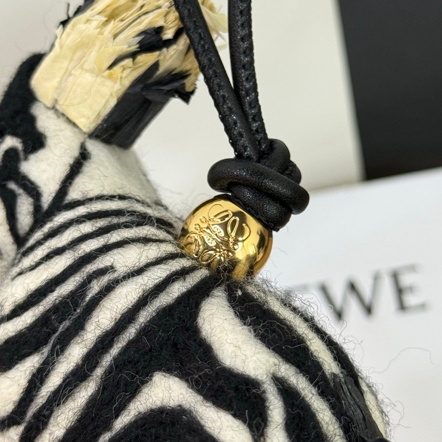 Loewe x Paula's Ibiza Zebra Bag Charm Black And Off-white Raffia Leather - Image 6