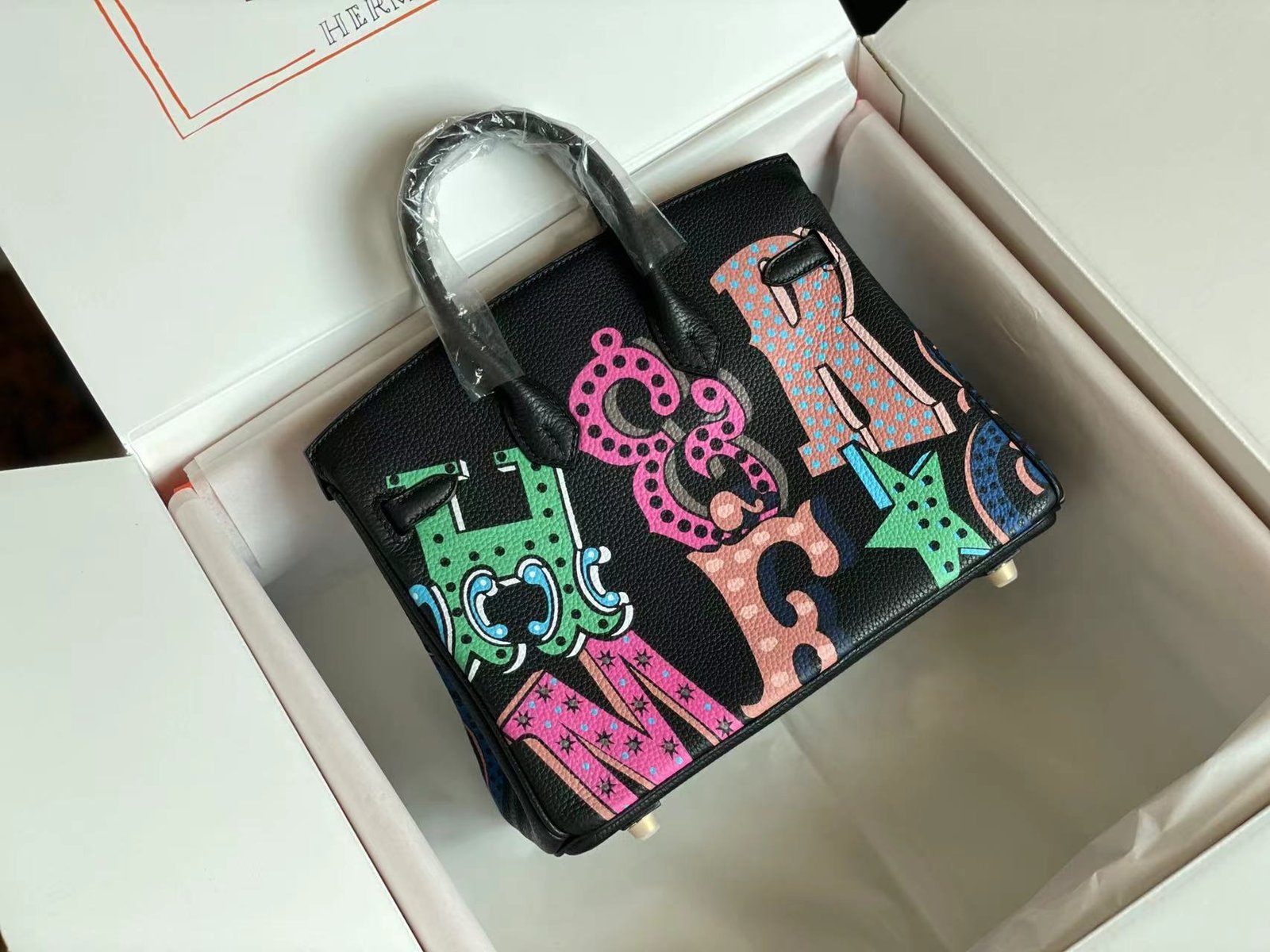 Alternative view of HERMES BIRKIN 25 BAG IN BLACK CALFSKIN WITH COLORFUL STICKER