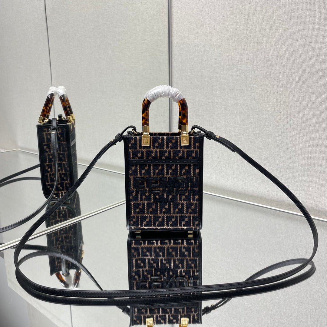 Fendi Mini Sunshine Brown Raffia Black Wool