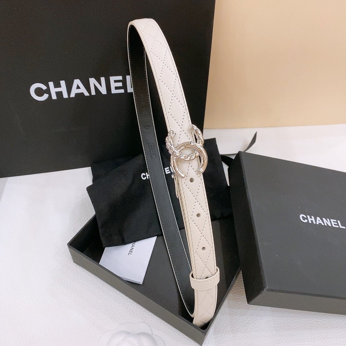 Chanel Ivory Quilt Silver Belt