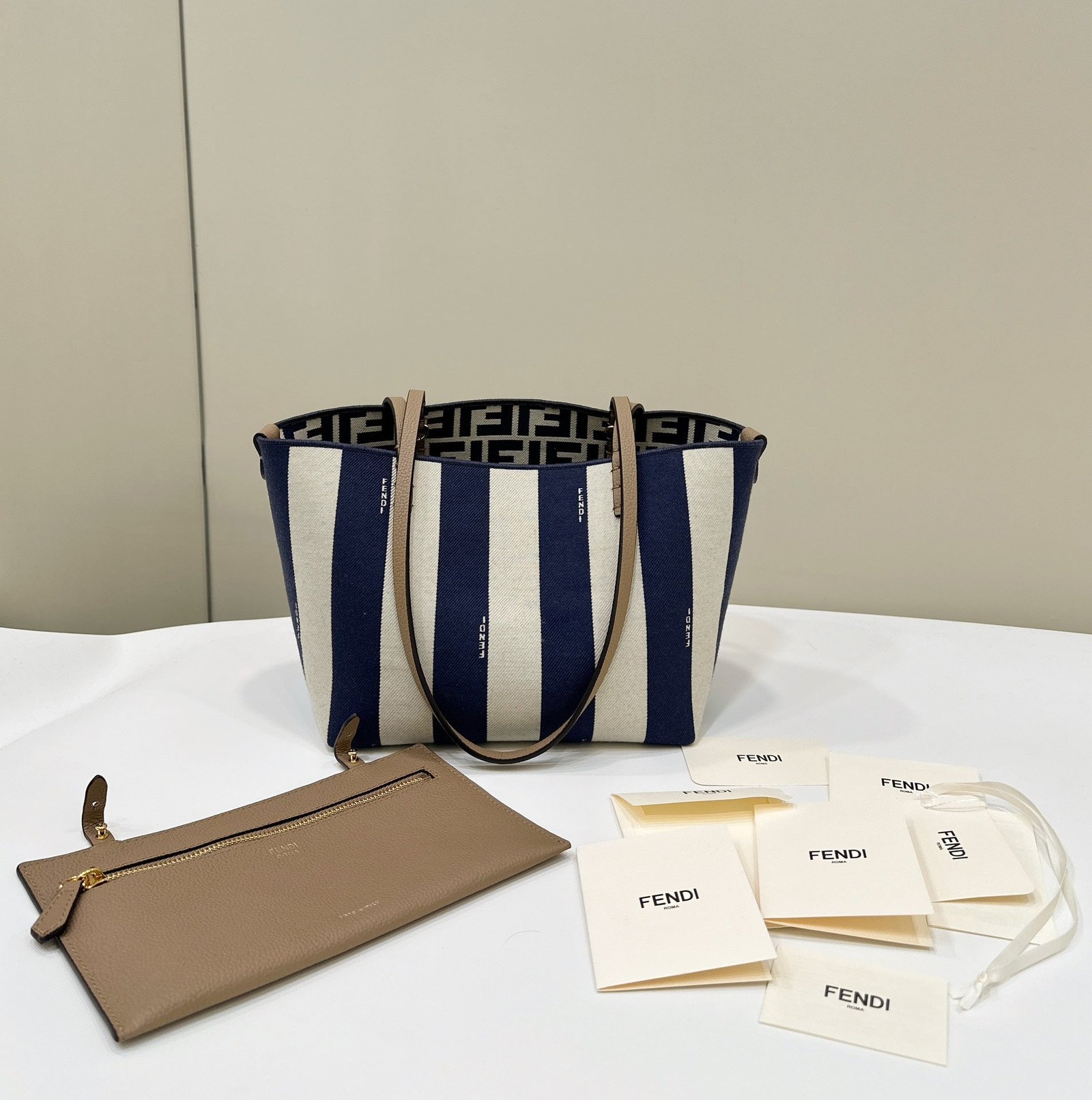 Fendi Roll 22 Tote Midnight Blue Mix White Canvas