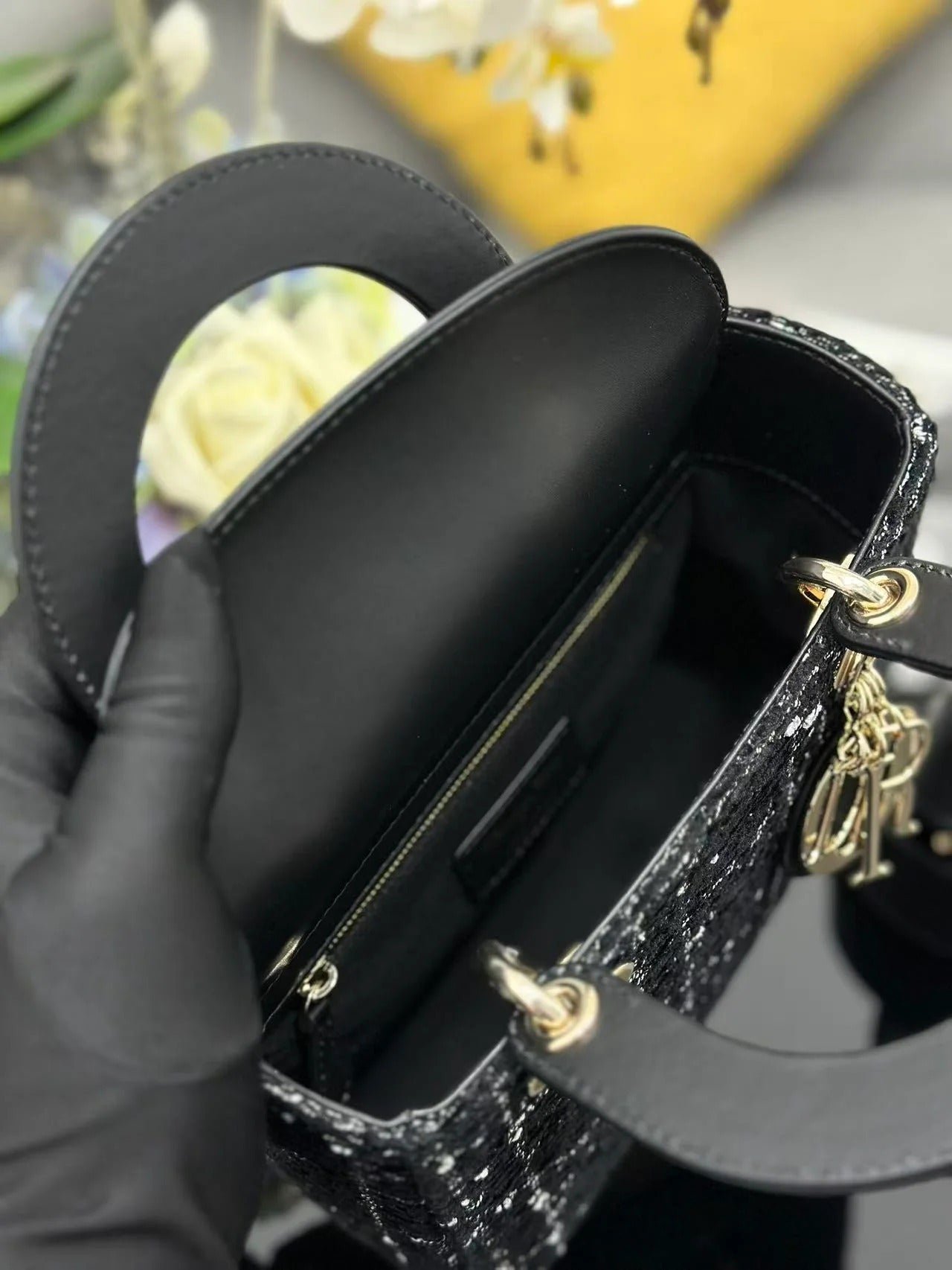 Dior Lady Dior Black Gold Bag Tweed Leather - Image 4