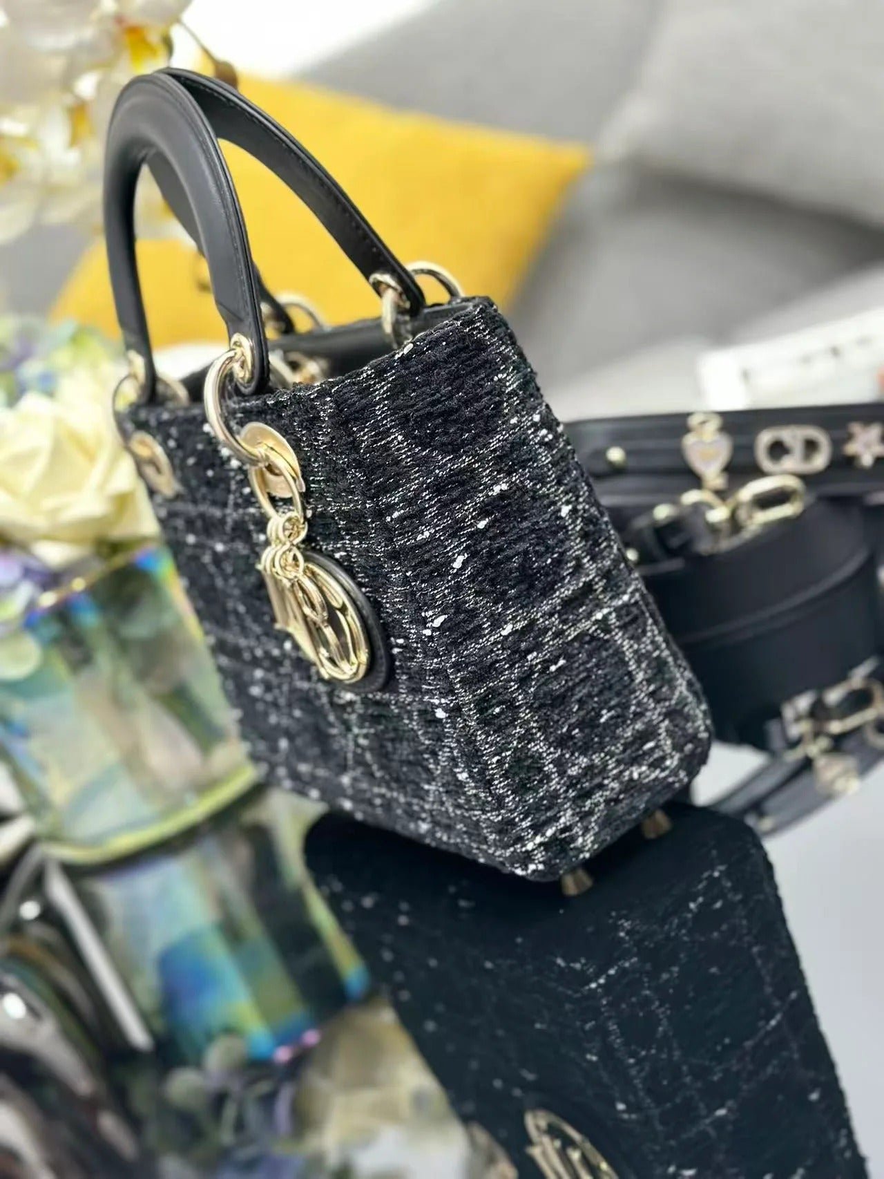 Dior Lady Dior Black Gold Bag Tweed Leather - Image 7