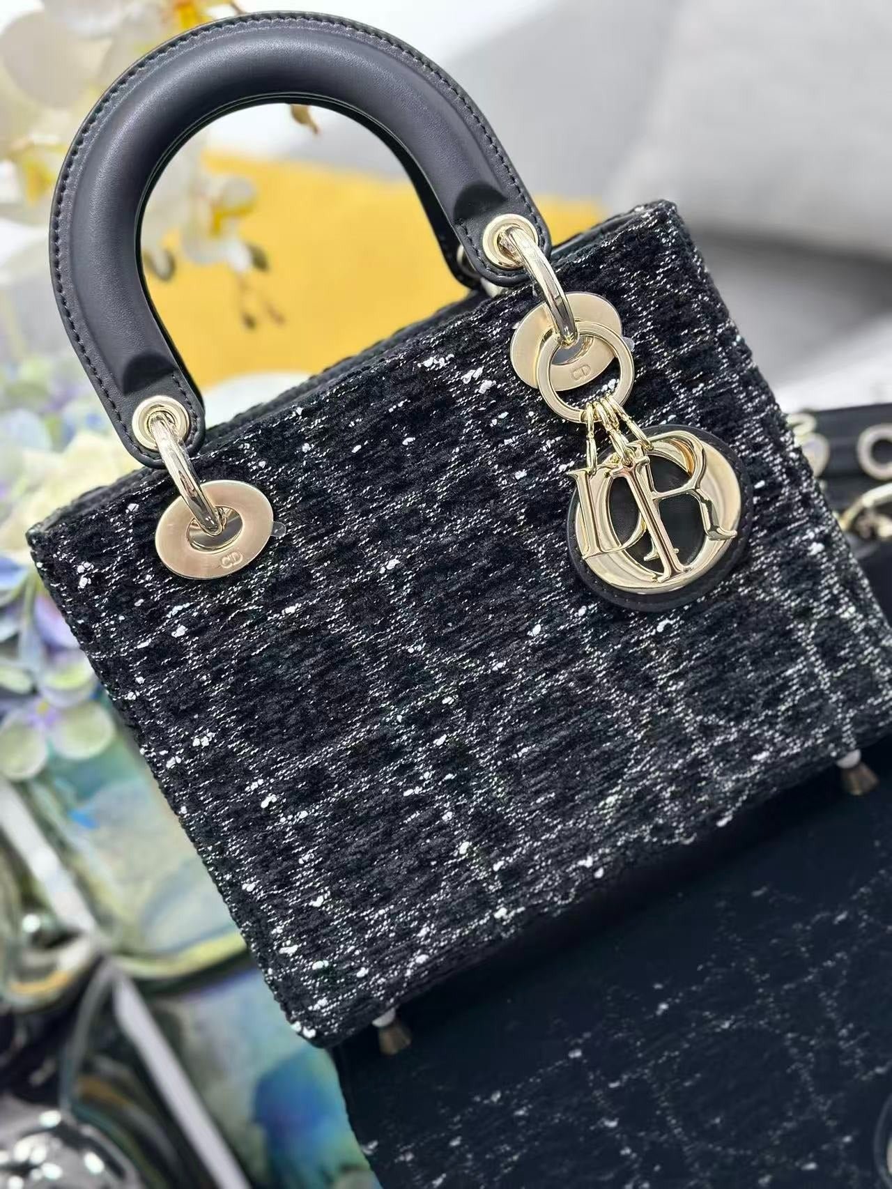 Alternative view of Dior Lady Dior Black Gold Bag Tweed Leather