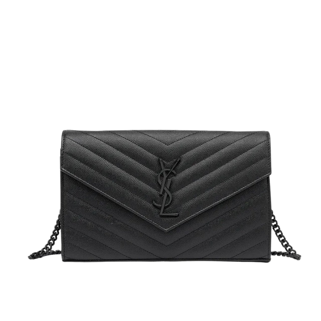 Saint Laurent Cassandre Matelasse Chain Wallet In Grain De Poudre Embossed Black Noir 22Cm 377828BOW081000