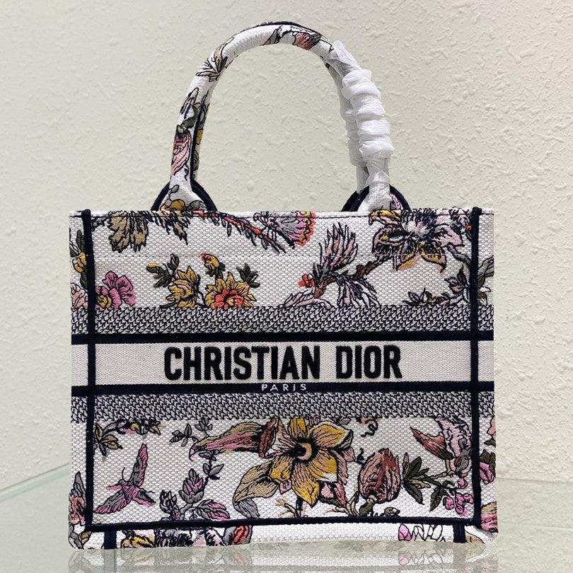 Dior Small Book Tote White Floral Embroidered  Bag
