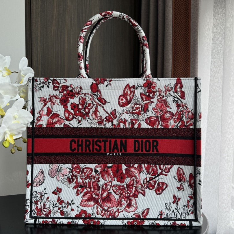 Dior Large Book Tote 42cm Red Floral White Bag