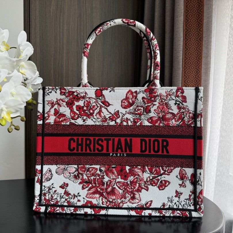 Dior Medium Book Tote White-Red Butterfly Bag