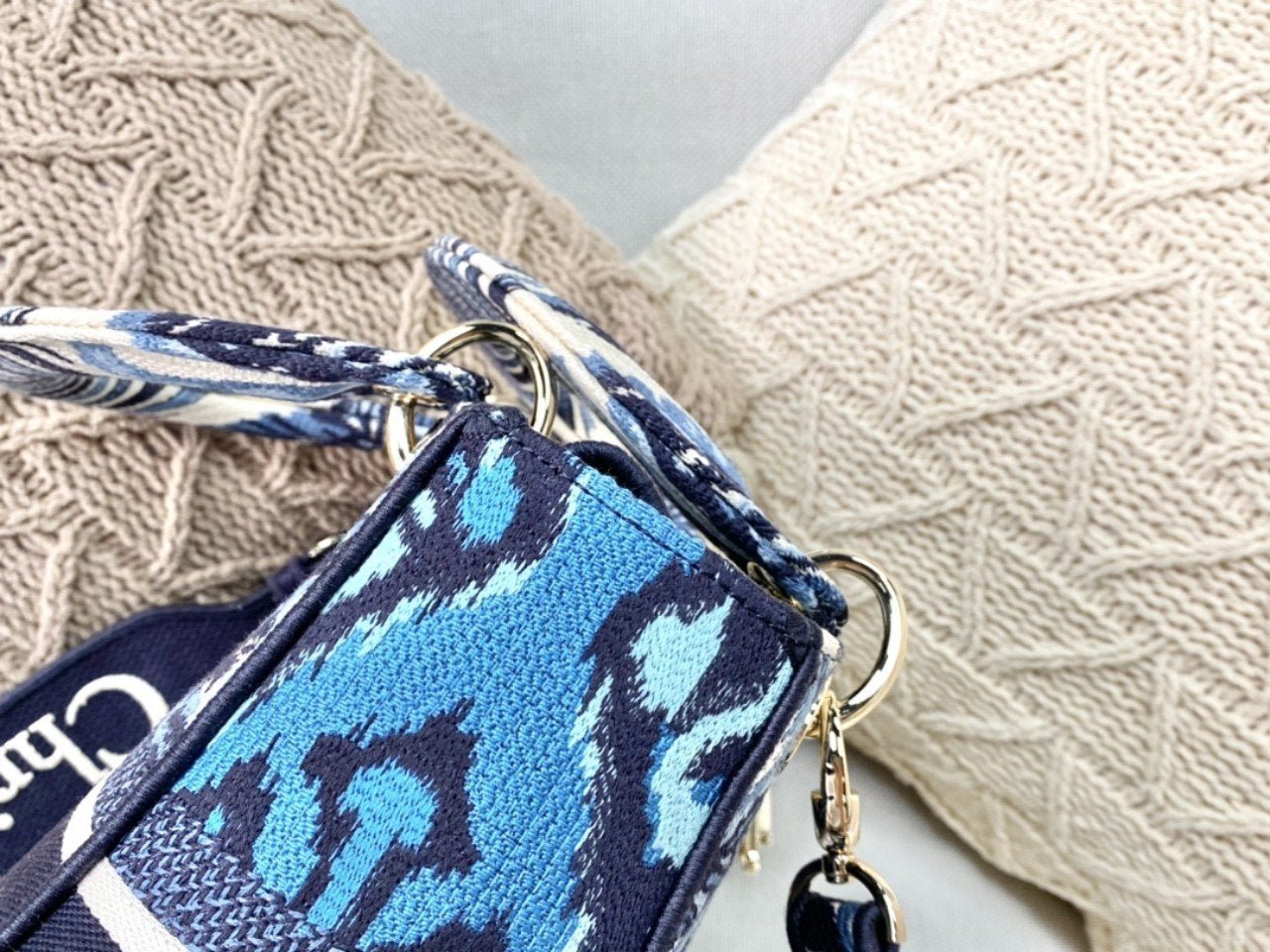 Dior Lady D-Lite Blue Palm Tree Embroidered Hand Bag - Image 6
