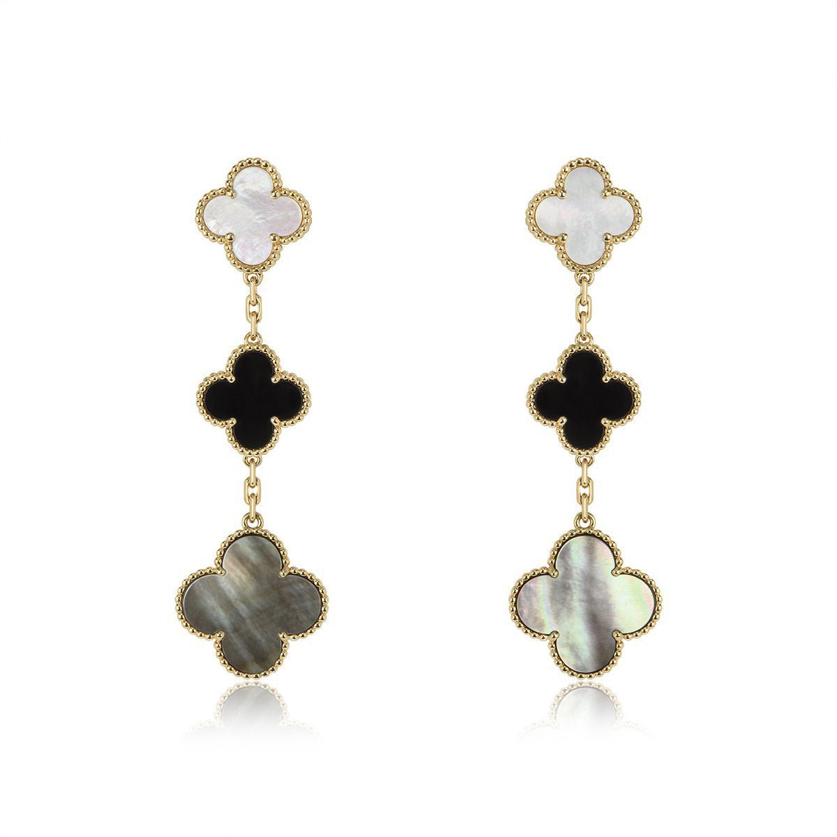 3 Motif Onyx MOP Three Clover Drop Gold Earrings